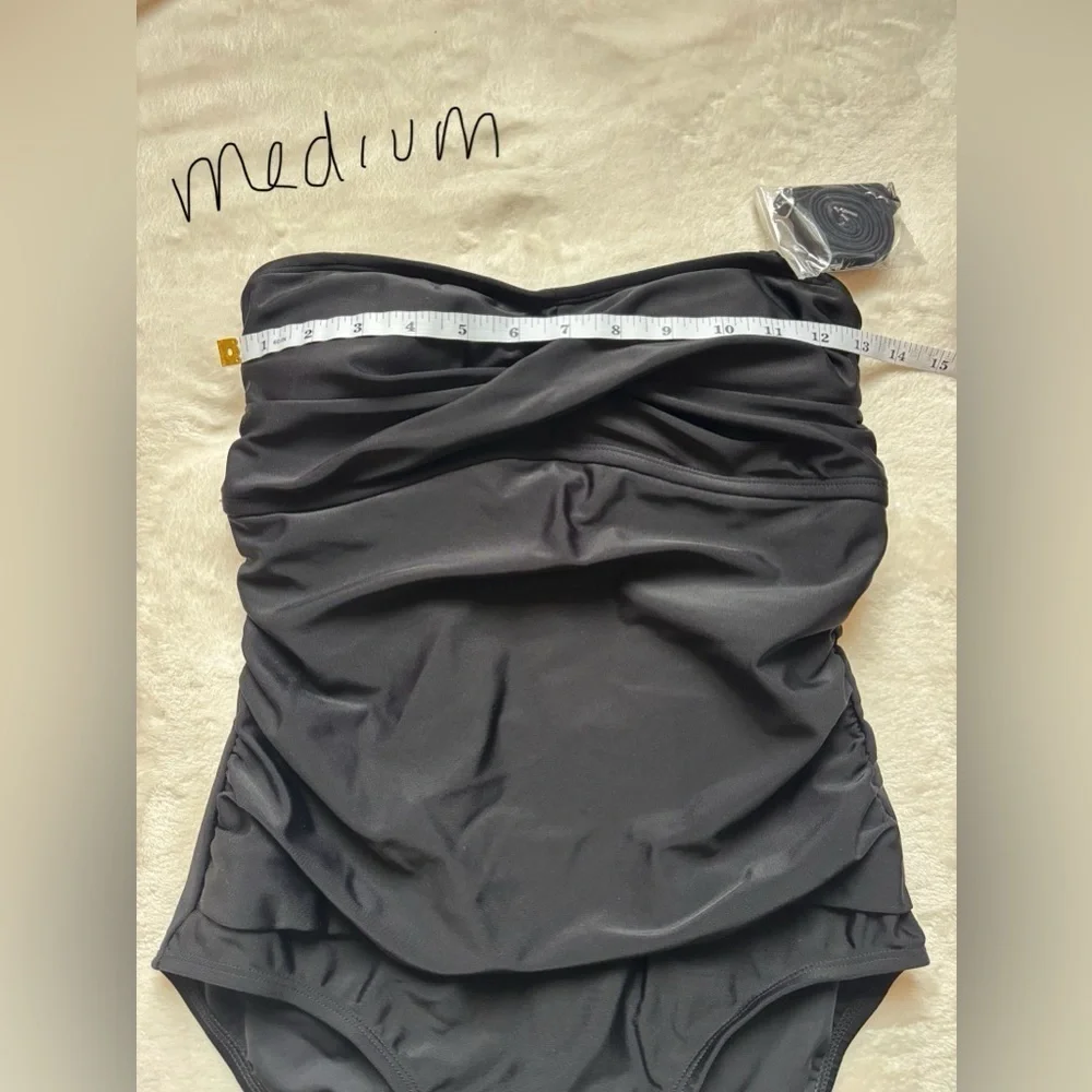 NWOT Kona Sol Black Strapless Ruched Slimming One-Piece Swimsuit lace up back